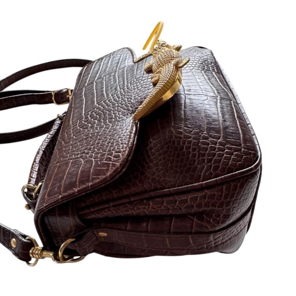 Vintage Cognac Croc Embossed Leather Crossbody Bag - Picture 8 of 13